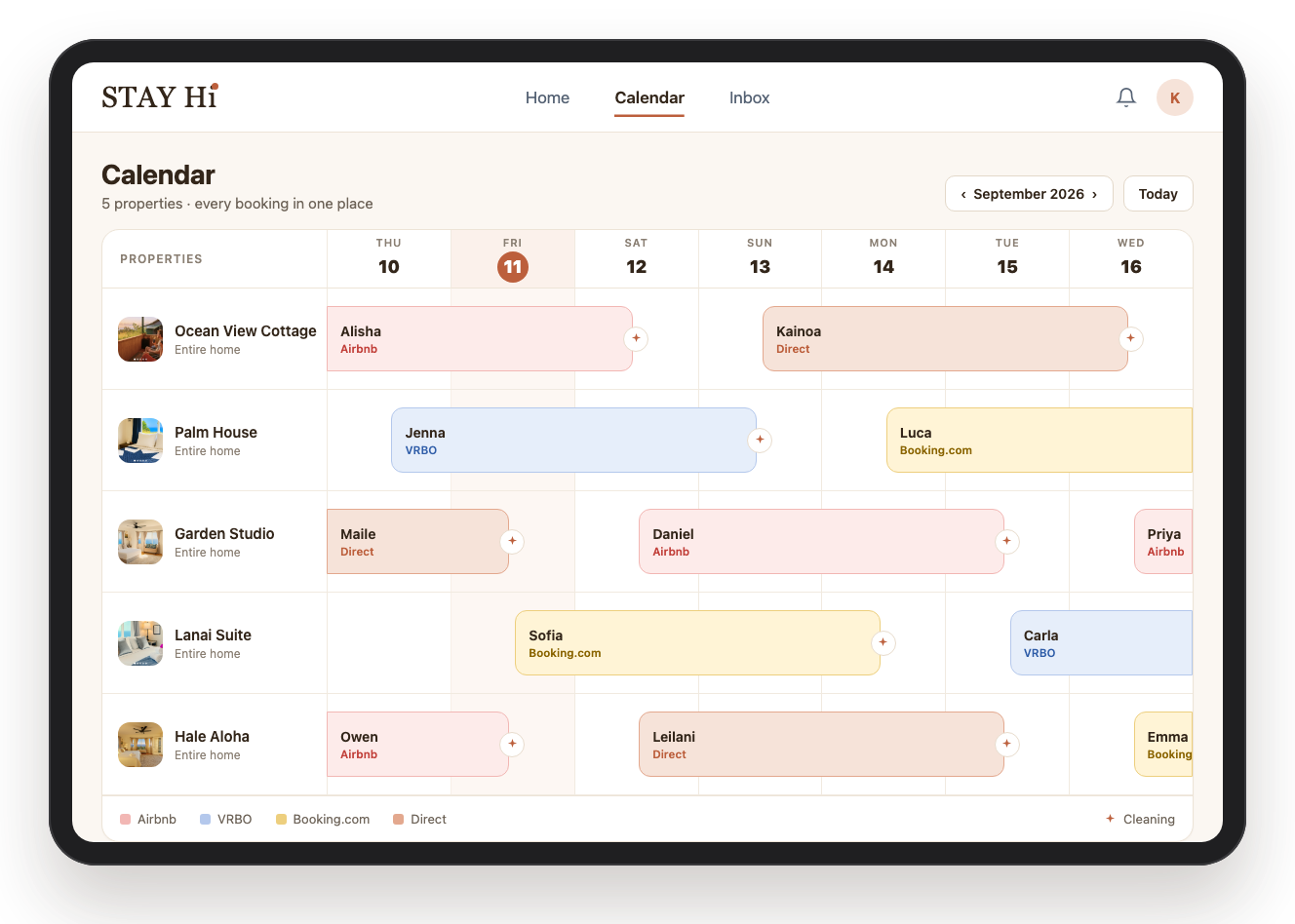 The Stay Hawaii calendar, showing Airbnb, VRBO, Booking.com and direct bookings for several properties in one timeline