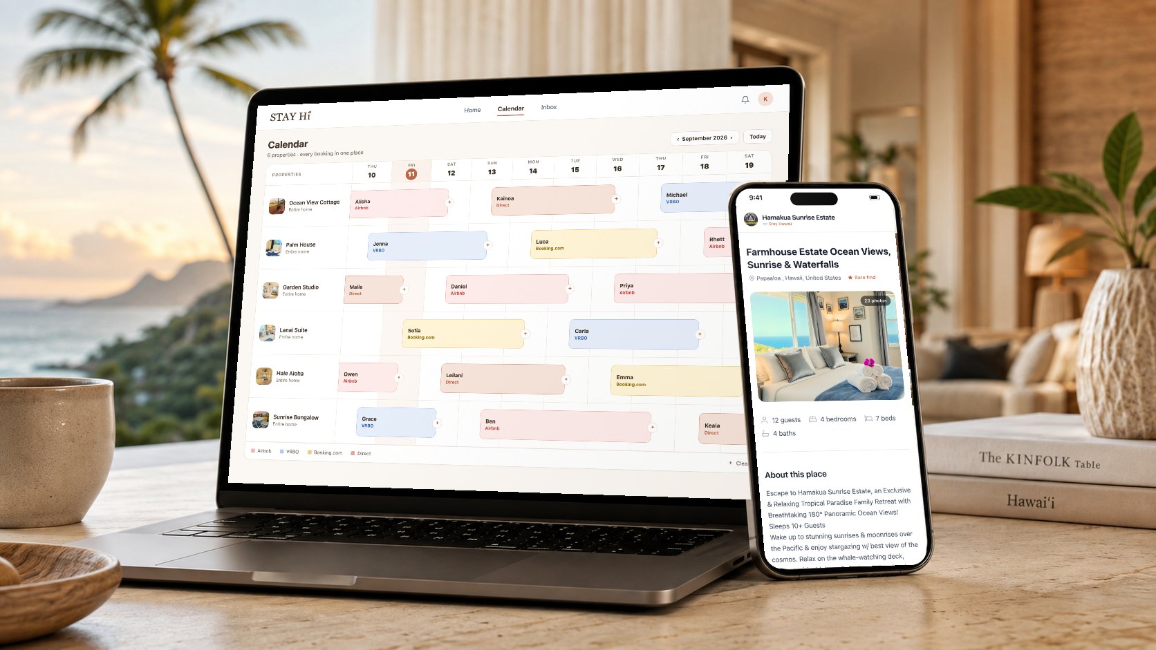 The Stay Hawaii calendar on a laptop and a Stay Hawaii booking page on a phone, in a Hawaii home